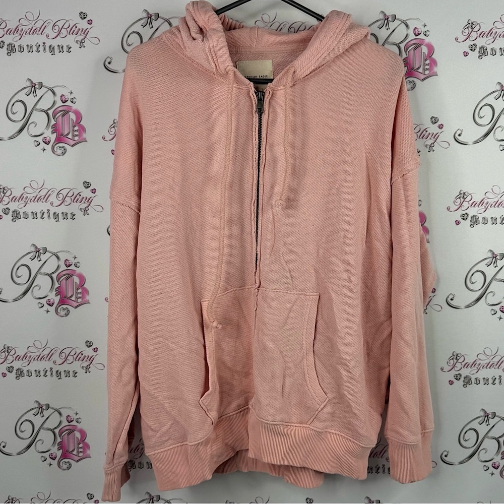 American eagle sweater hoodie light baby Pink Knit Sweater hood pockets